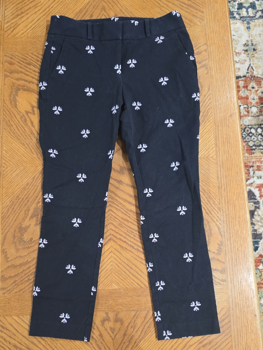 Loft Black Marisa Skinny Cropped Pants with White And Pink Floral Embroidery